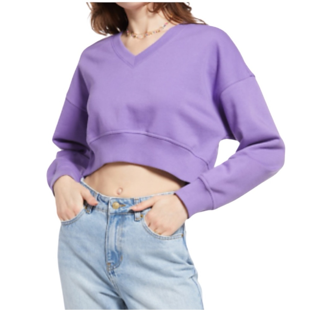 NEW BP Womens Cropped Large V-Neck Crop Organic Cotton Blend Sweatshirt Purple